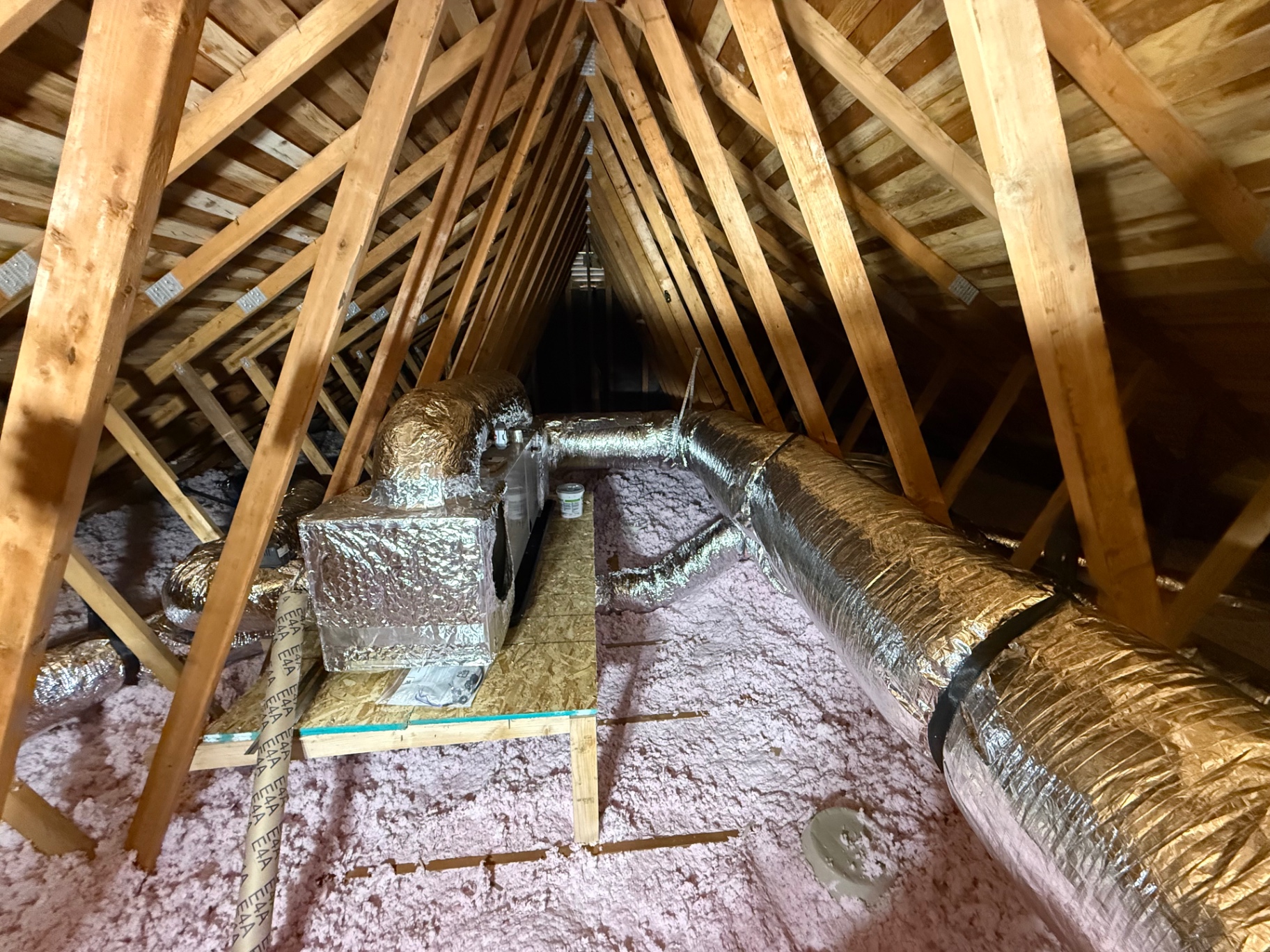 Air handler and insulated ductwork installed in an attic